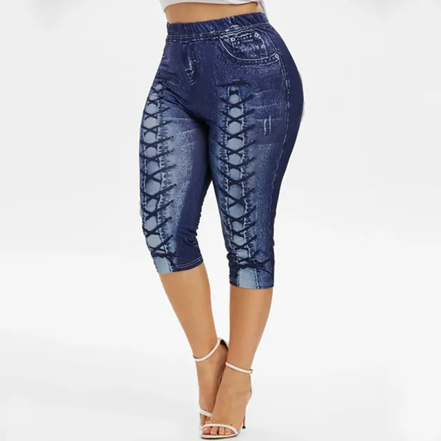 Spot Hot Digital Printing Denim Sports Pocket Leggings Yoga Pants Plus Size Navy Blue - Shop at LoveMi