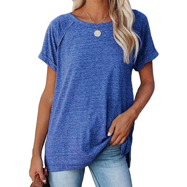 Women's Solid Color Loose Short sleeved T shirt Blue - Shop at LoveMi