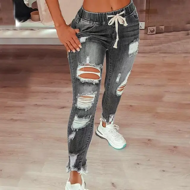 High Waist Ripped Elastic Waist Drawstring Jeans Women Trousers Grey - Shop at LoveMi