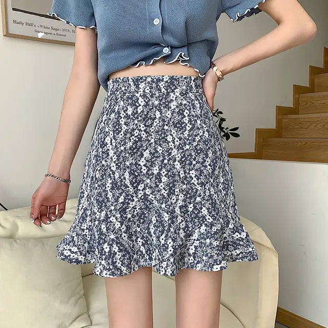 Lace Floral Skirt Female High Waist A line Skirt Summer New Design Sense Small Buttocks Short Skirt Blue - Shop at LoveMi