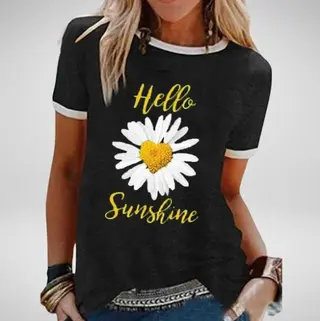 Small Daisy Print Round Neck Short-sleeved T-shirt - Black