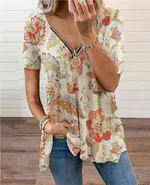 Summer New Sexy V Neck Zipper Short Sleeved Printed T Shirt - Khaki