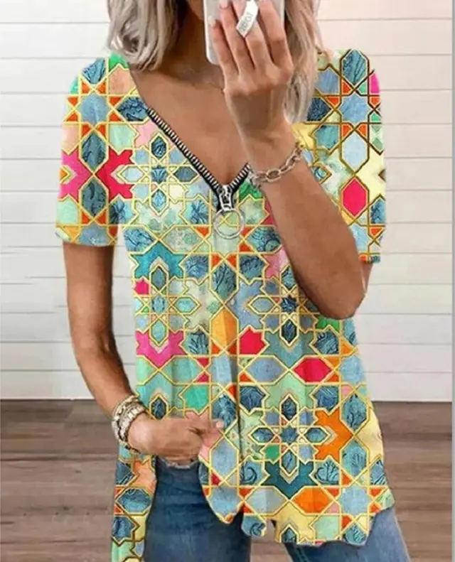Summer New Sexy V Neck Zipper Short Sleeved Printed T Shirt Red - Shop at LoveMi