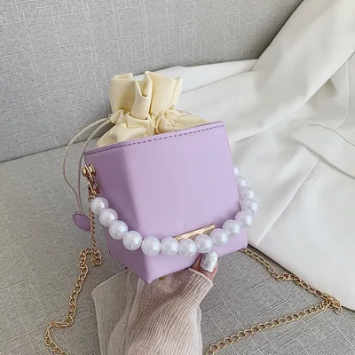 Small Ladies Handbag Pearl Chain Bucket Bag Purple - Shop at LoveMi