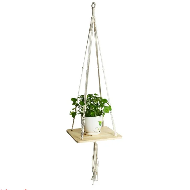 Wooden Flower Pot Tray Gardening Simple Square Bracket Cotton Rope Wood White - Shop at LoveMi