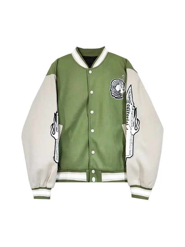 Thicken Badge Baseball Uniform Retro Cotton Jacket Green - Shop at LoveMi