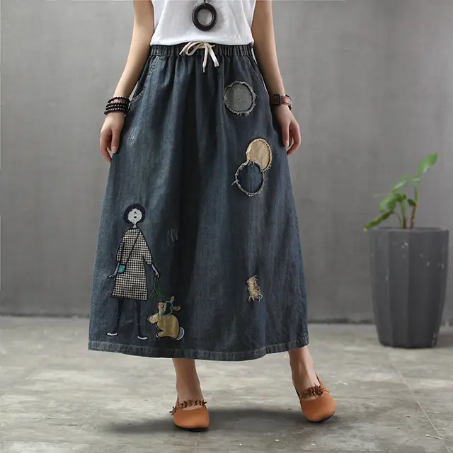 Ethnic Style Retro Print Little Girl Rabbit Denim Skirt Female Circle Patch Elastic Waist Hole Washed Dark Blue - Shop at LoveMi