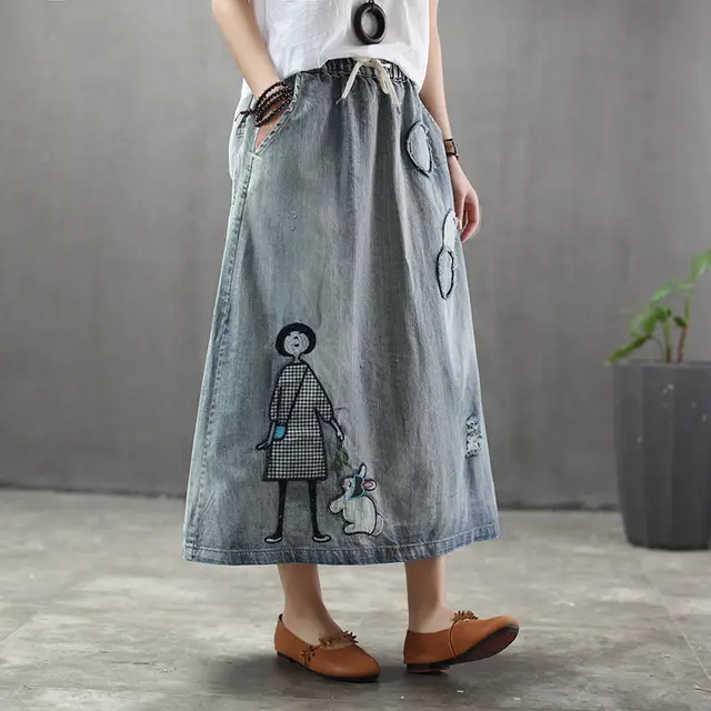 Ethnic Style Retro Print Little Girl Rabbit Denim Skirt Female Circle Patch Elastic Waist Hole Washed Light Blue - Shop at LoveMi