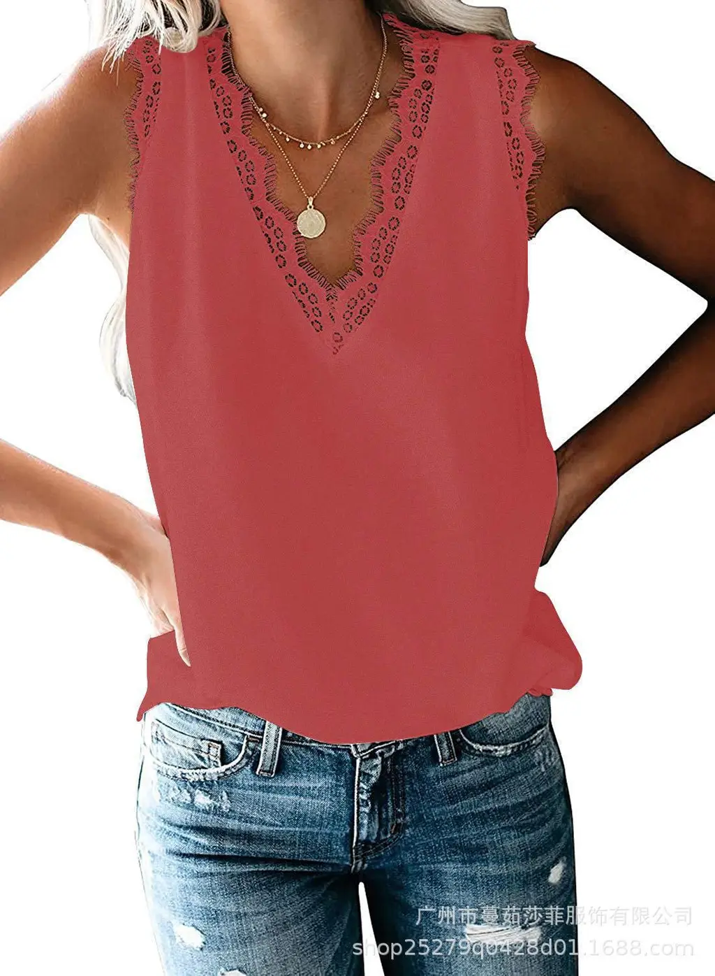 V-neck Lashes Lace Sleeveless Loose Tank Top T-shirt - Red