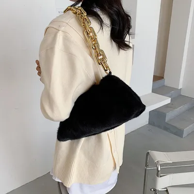 Korean Style Plush Pleated Fashion Chain Shoulder Bag Black - Shop at LoveMi