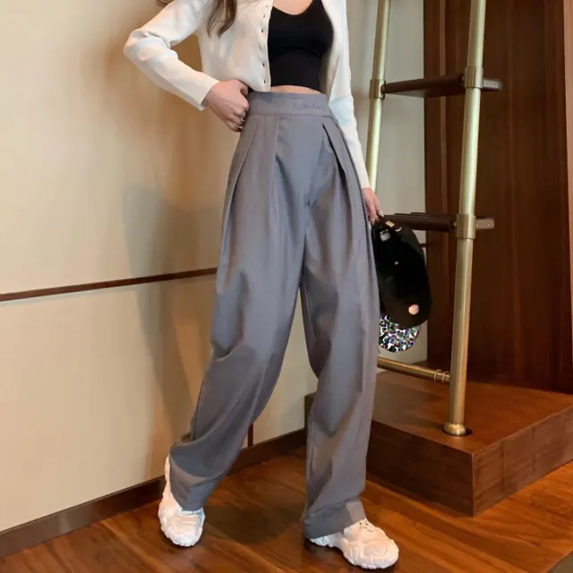 The New Velcro Slimming Suit Wide leg Pants Straight Casual Drape Mopping Trousers Women Grey - Shop at LoveMi