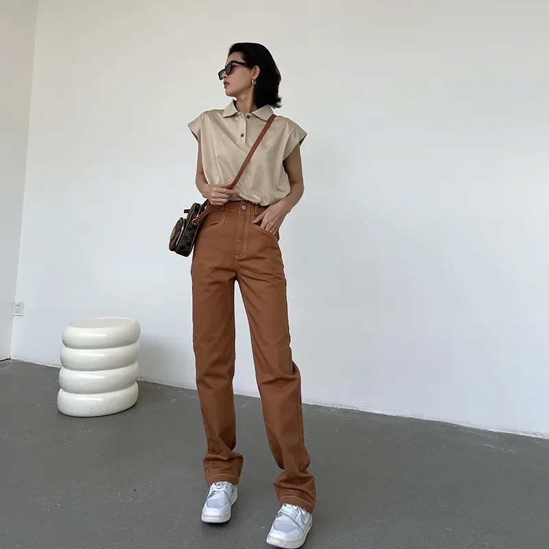 Oversized POLO Collar Shoulder Padded Vest - Apricot