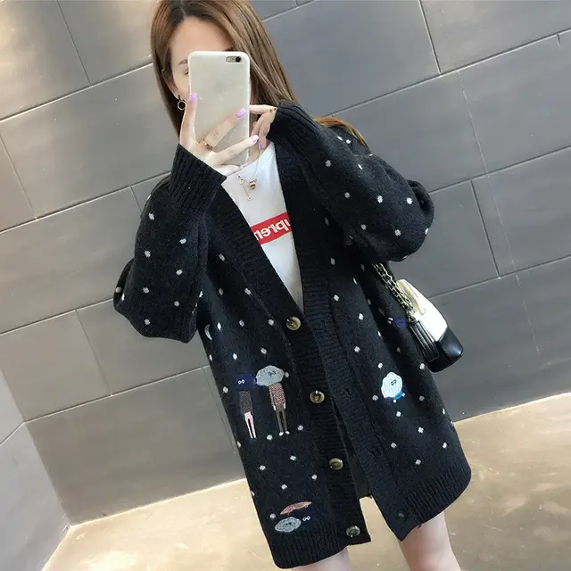Loose Outer Jacket Early Autumn Women's Spring And Autumn Tops Ladies Sweater Knit Cardigan Black - Shop at LoveMi