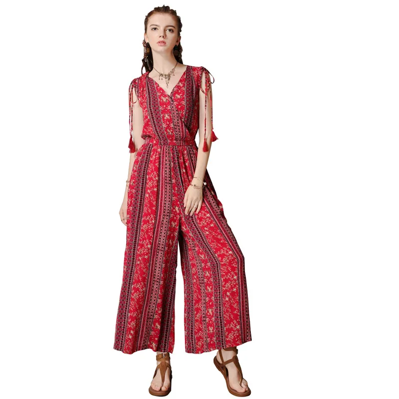 Cotton And Linen Printed Jumpsuit Retro V neck Loose Dress Printing L - Shop at LoveMi