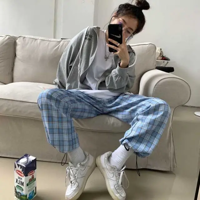 Plaid Drawstring Pants New Plaid High Waist Casual Pants Drawstring Sports Overalls Women Blue - Shop at LoveMi