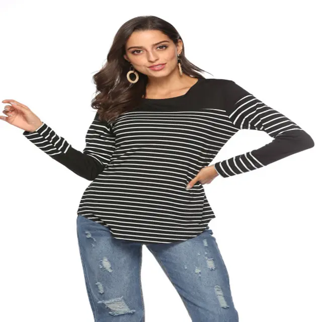 Casual striped stitching long sleeved loose T shirt top Black - Shop at LoveMi