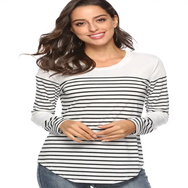Casual striped stitching long sleeved loose T shirt top White - Shop at LoveMi