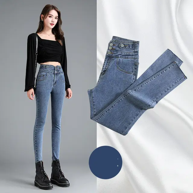 Women's high waist stretch jeans with small feet autumn Vintage Blue - Shop at LoveMi