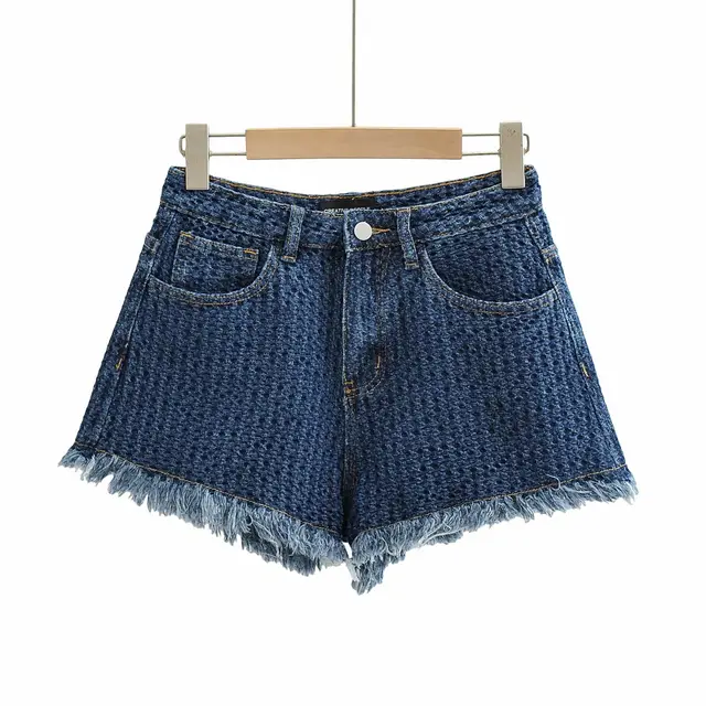 Women's Irregular Frayed Denim Short Low Waist Knitted Denim Hot Pants Dark Blue - Shop at LoveMi
