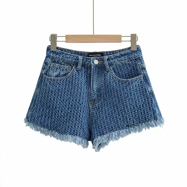 Women's Irregular Frayed Denim Short Low Waist Knitted Denim Hot Pants Light Blue - Shop at LoveMi