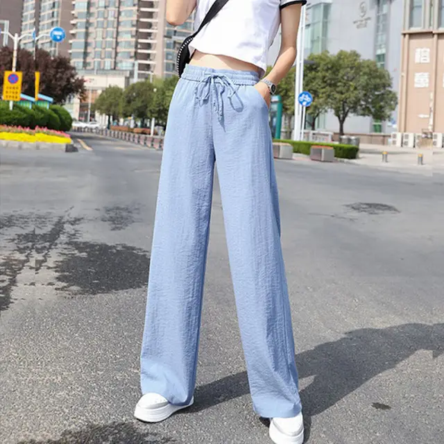 Wide Leg Pants Summer Pants Casual Straight Leg Trousers Sky Blue - Shop at LoveMi