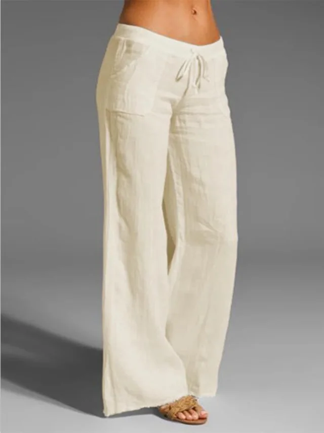 Explosion Style Women's High waist Wide leg Trousers Big Feet Flared Pocket Cotton And Linen Casual Pants Beige - Shop at LoveMi