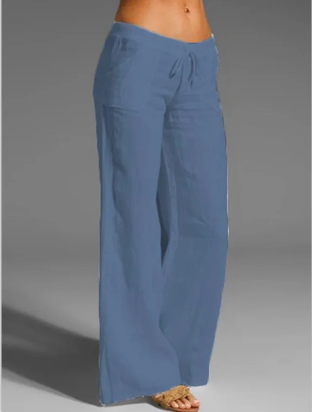 Explosion Style Women's High waist Wide leg Trousers Big Feet Flared Pocket Cotton And Linen Casual Pants Blue - Shop at LoveMi