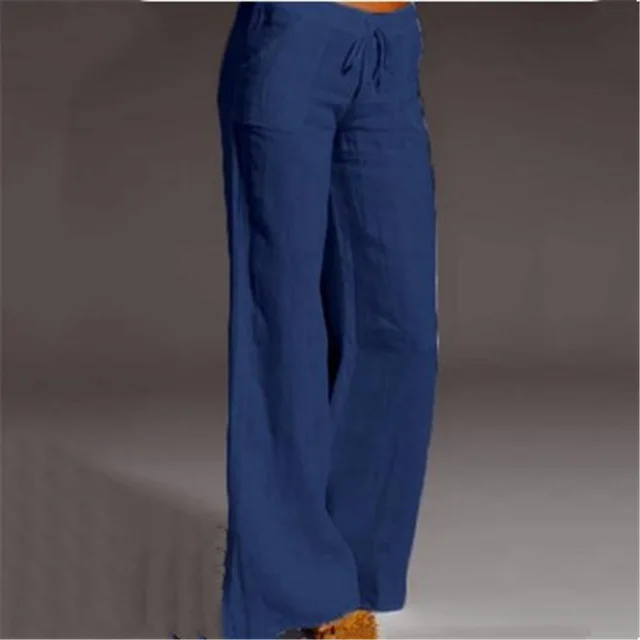 Explosion Style Women's High waist Wide leg Trousers Big Feet Flared Pocket Cotton And Linen Casual Pants Blue1 - Shop at LoveMi