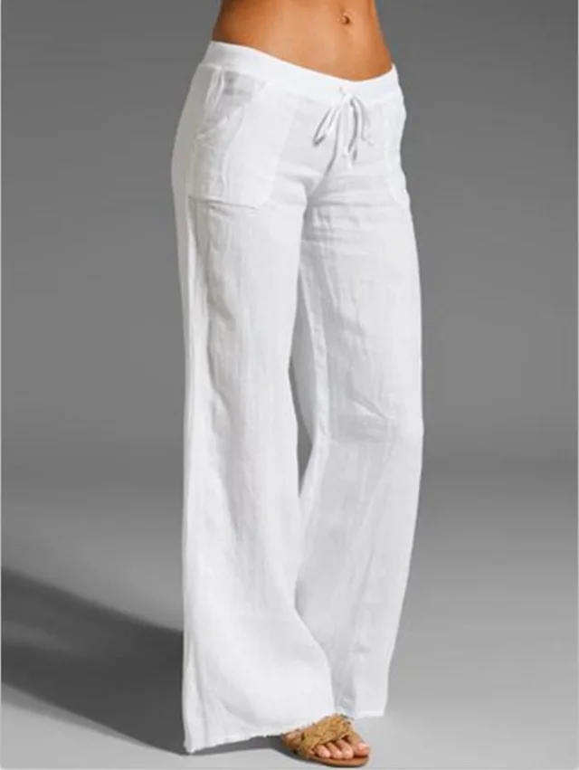 Explosion Style Women's High waist Wide leg Trousers Big Feet Flared Pocket Cotton And Linen Casual Pants White - Shop at LoveMi