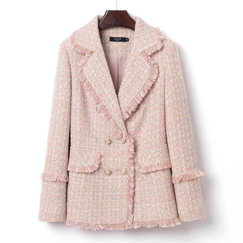 Tweed Suit Female Light Mature Retro Short Lapel Top, Lady's Small Fragrance Jacket - Pink