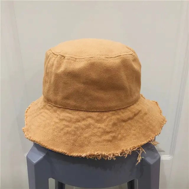 Raw Edge Denim Fisherman Hat Solid Color Japanese Retro Vintage All Match Khaki - Shop at LoveMi