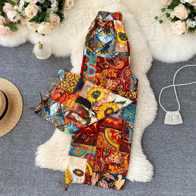 Bohemian Retro Ethnic Print Wide Leg Pants Yellow - Shop at LoveMi