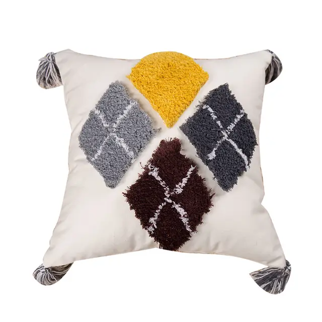 Tufted Embroidered Gray And Black Square Pillow, Decorative Cushion With Core, Bedside Waist Pad Diamond Gray Small Grid - Shop at LoveMi