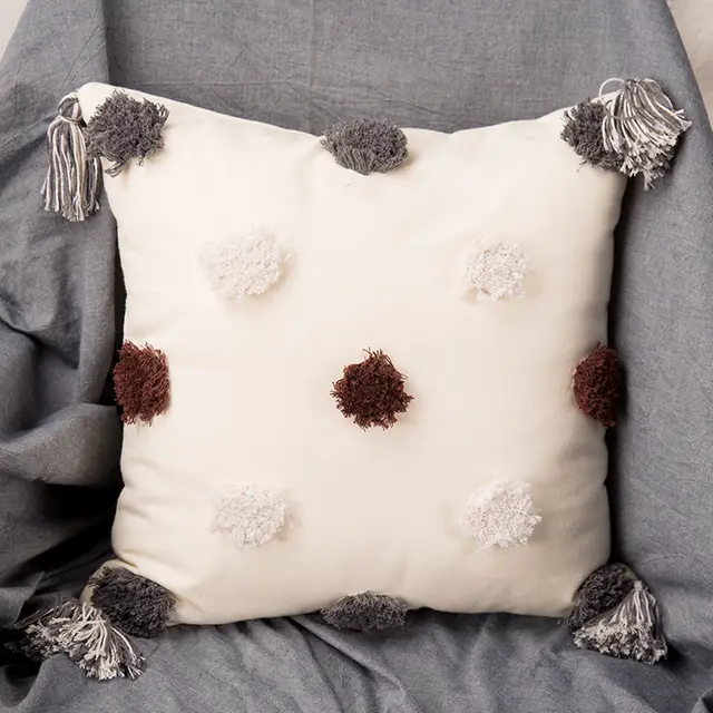 Tufted Embroidered Gray And Black Square Pillow, Decorative Cushion With Core, Bedside Waist Pad Dots - Shop at LoveMi