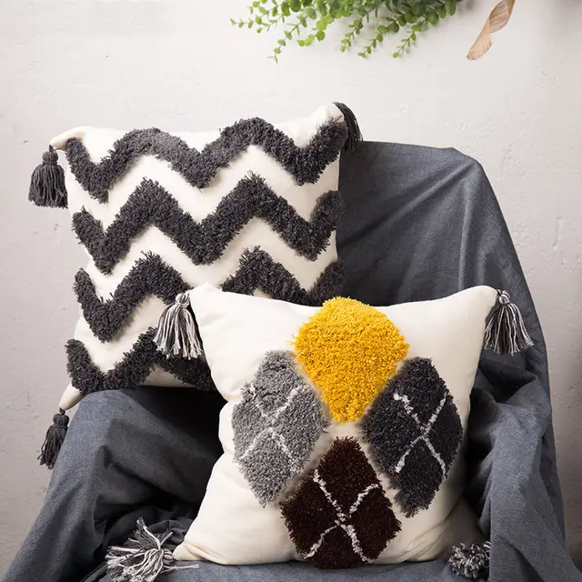 Tufted Embroidered Gray And Black Square Pillow, Decorative Cushion With Core, Bedside Waist Pad Waves - Shop at LoveMi