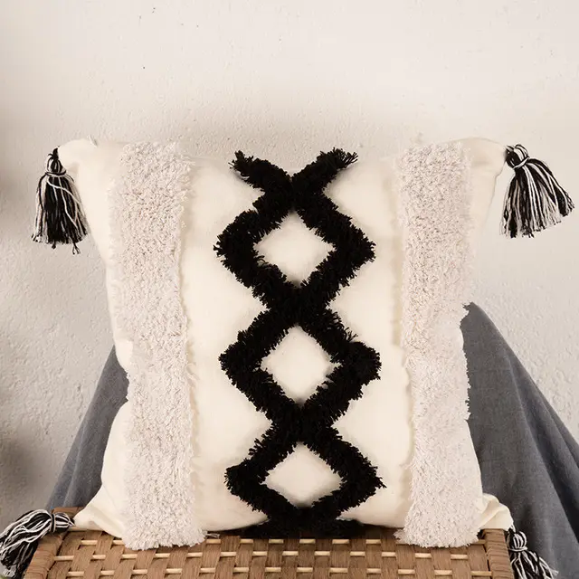 Tufted Embroidered Square Pillow, Embroidered Back Grid Tassel Sofa Waist Backrest Black And White - Shop at LoveMi