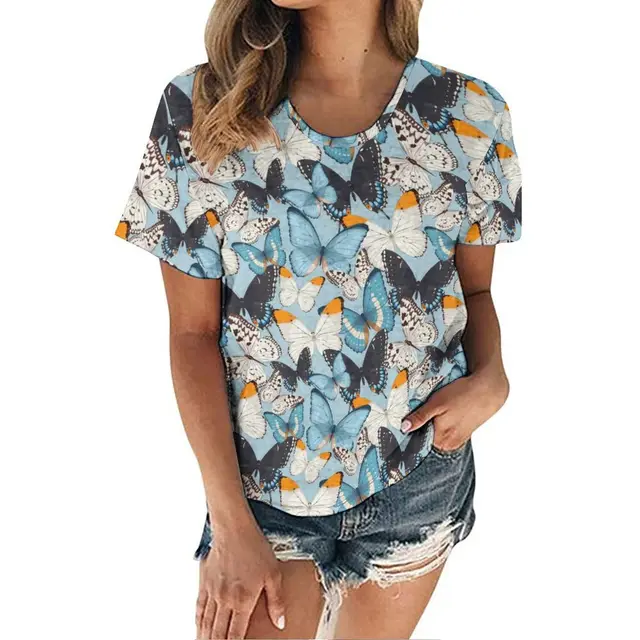 Creative Picture Solid Color Printing Round Neck Short Sleeve Women's T Shirt Blue - Shop at LoveMi