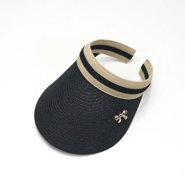Women's Hat All match Empty Straw Hat Tide Korean Metal Bow Big Edge Anti swan Hat Outdoor Cycling Sun Visor Black - Shop at LoveMi
