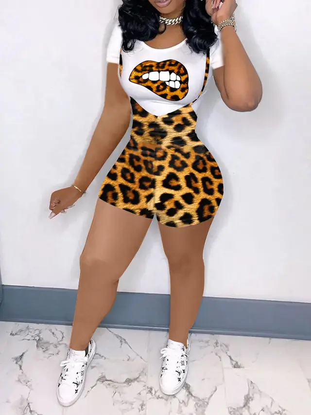 European And American Fashion Short sleeved Printed Leopard Suit Two piece Suit Yellow - Shop at LoveMi