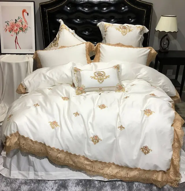 European style White 60 Satin Long staple Cotton Four piece Set Of Pure Cotton Embroidery Lace Model Room Bedding Yellow - Shop at LoveMi