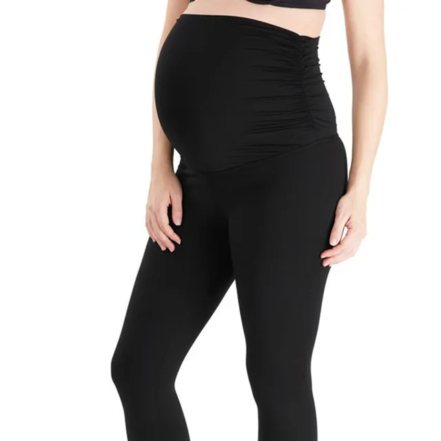 Colored Cotton Waist Folds Maternity Leggings Black - Shop at LoveMi