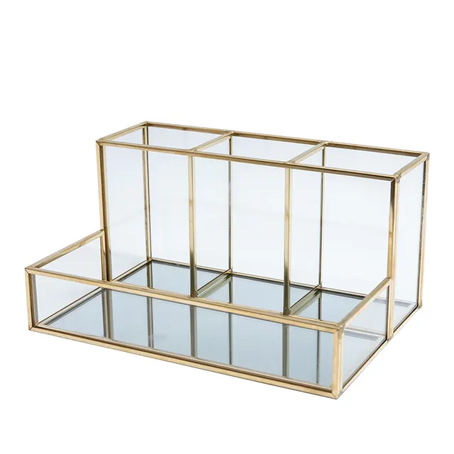 Glass Makeup Organizer Bathroom Cosmetic Organizer With Golden Copper - Shop at LoveMi