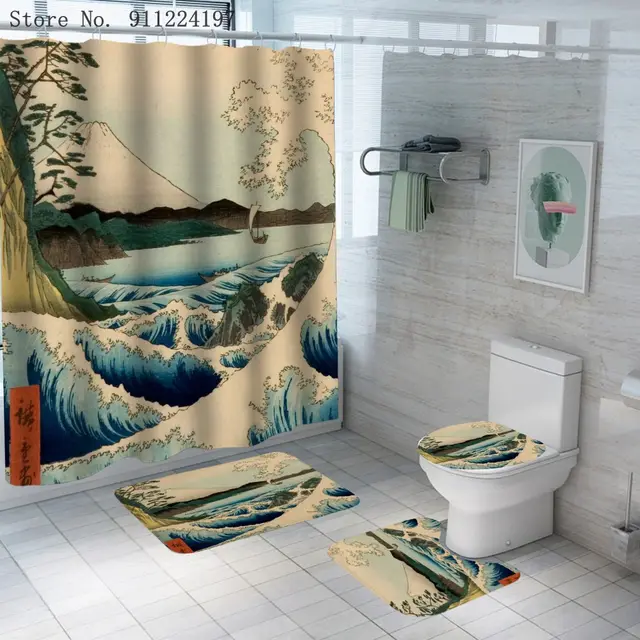Ocean Wave Series Shower Curtain Shower Curtain Foot Pad Digital Printing Toilet Three piece Four piece Set Yf65 - Shop at LoveMi