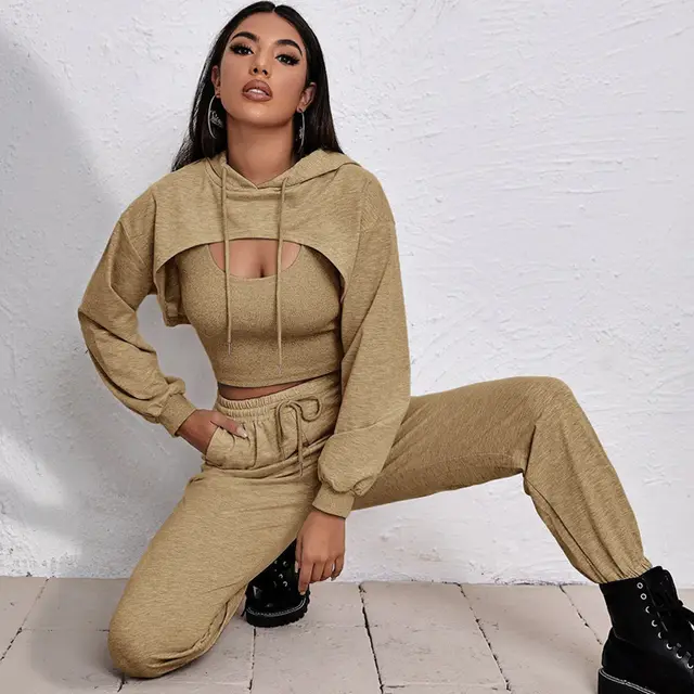 European And American Sports Hooded Sweater Three piece Street Sports Light Khaki - Shop at LoveMi