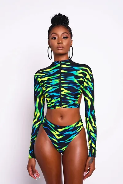 Printed Split Bikini Halter Sexy European And American Zipper Green - Shop at LoveMi