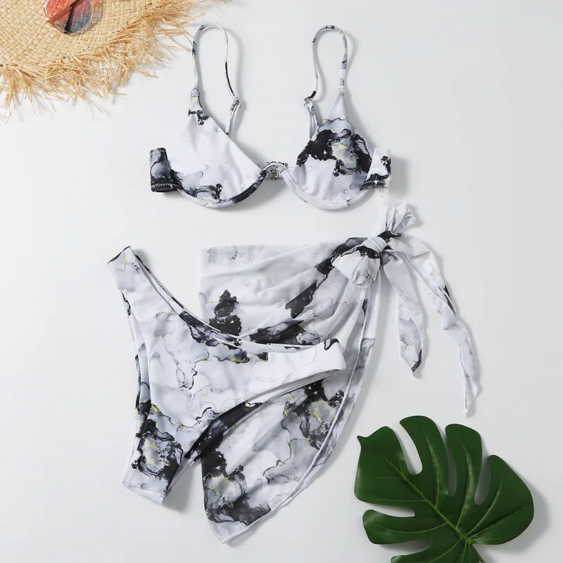 Split Printed Three piece Swimsuit One piece Bikini Black - Shop at LoveMi