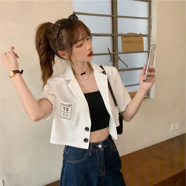 Niche loose Korean style short shirt white short sleeved suit White - Shop at LoveMi