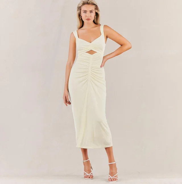 Pleated Hollow Sling Bag Hip Sexy Dress Beige - Shop at LoveMi