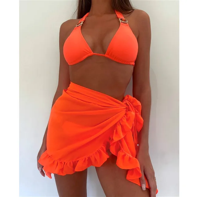 European And American Chiffon Solid Color Sunscreen Bikini Fungus Beach Skirt Blouse Women Bright Orange - Shop at LoveMi