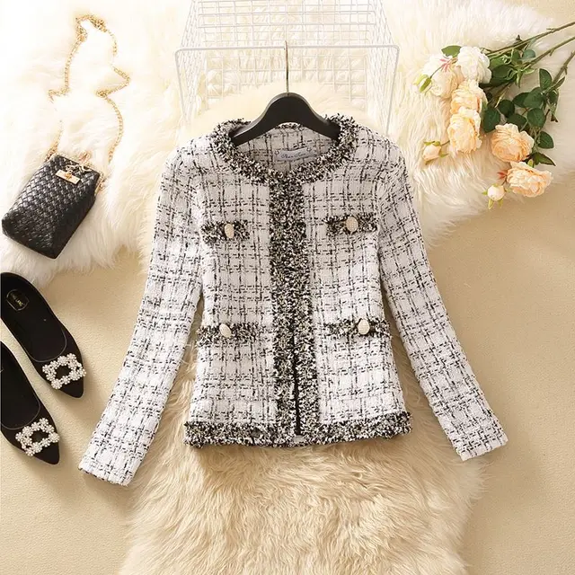 Temperament Celebrity Long Sleeve Tweed Slim Fitting Jacket White - Shop at LoveMi